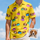 Man wearing Men's Chow Hounds Custom Dog Face Polo Shirt — custom faces printed all-over