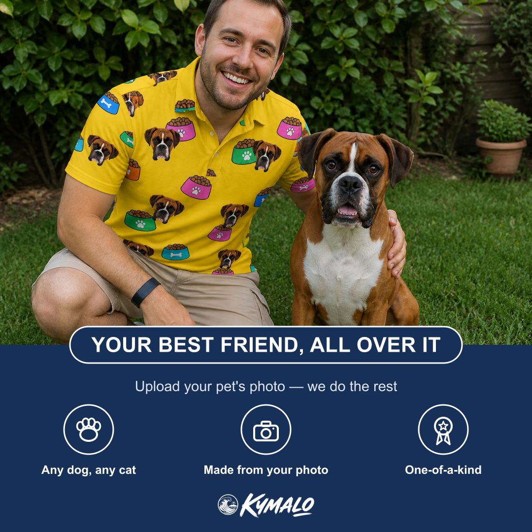 Friends in matching Men's Chow Hounds Custom Dog Face Polo Shirt — a group gift photo