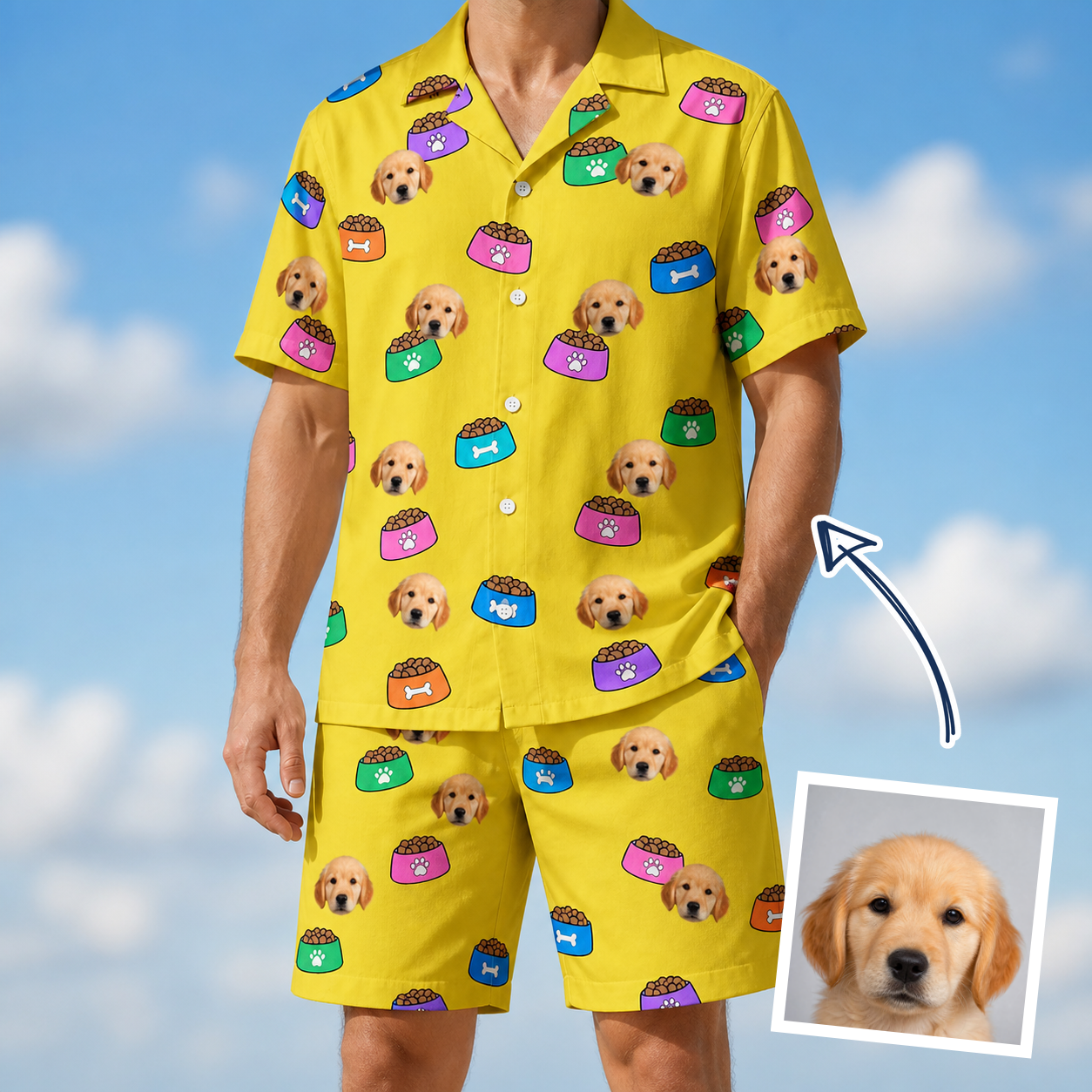 Man wearing Men's Chow Hounds Custom Dog Face Shirt & Shorts Set — custom faces printed all-over