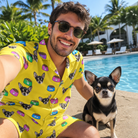 Selfie with the pet whose face is printed all over this Men's Chow Hounds Custom Dog Face Shirt & Shorts Set