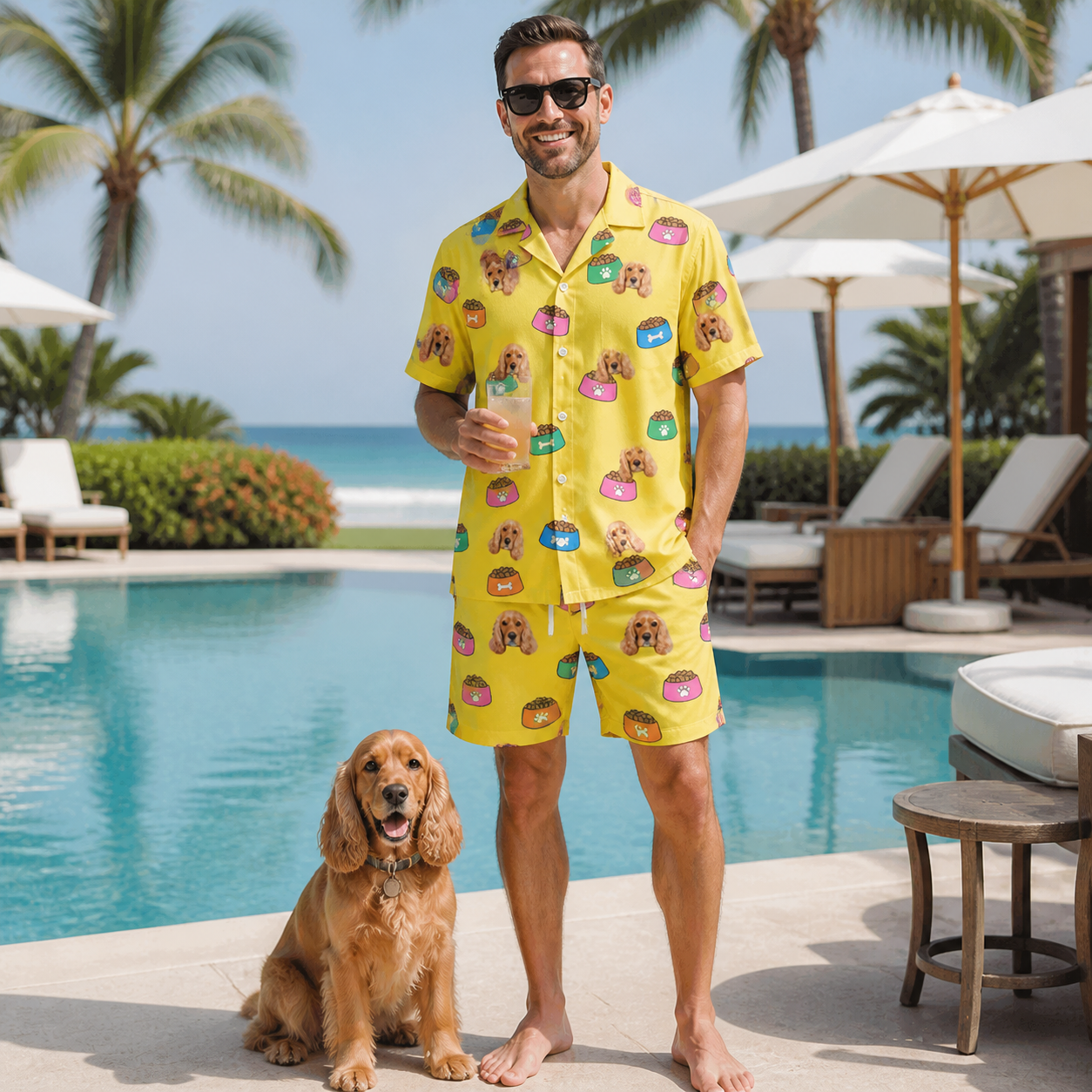 Full-length photo with the pet printed all over this Men's Chow Hounds Custom Dog Face Shirt & Shorts Set