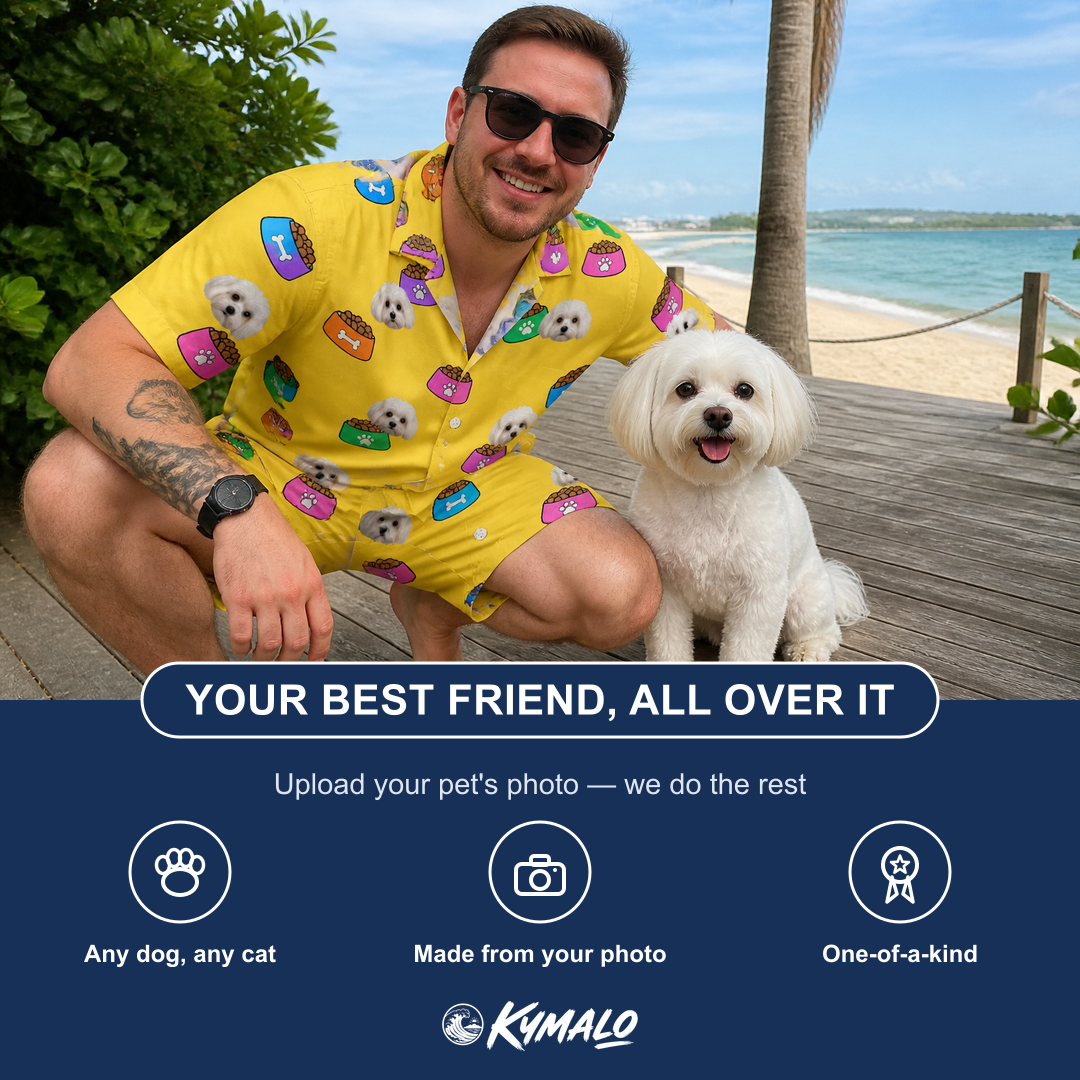 Friends in matching Men's Chow Hounds Custom Dog Face Shirt & Shorts Set — a group gift photo