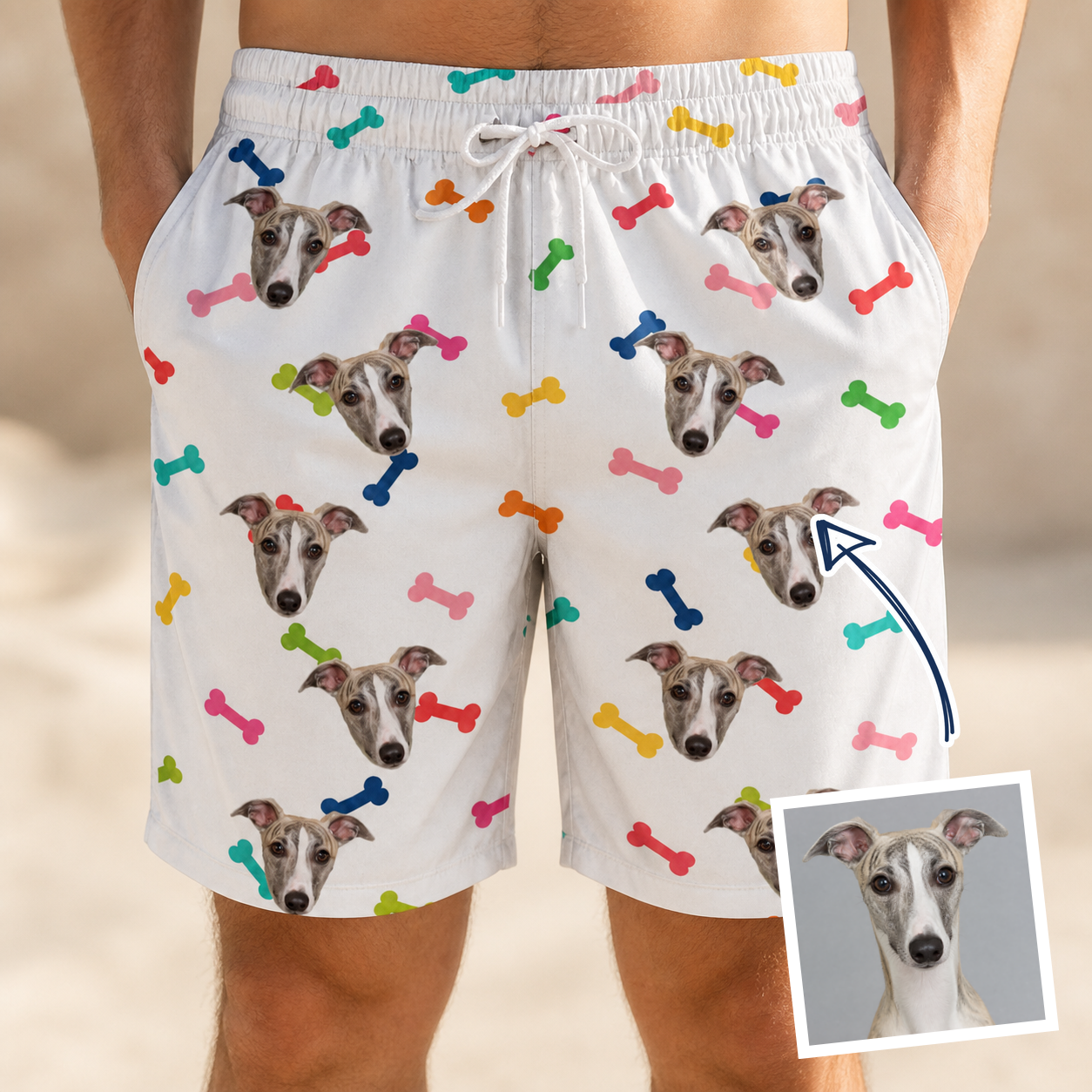 Man wearing Men's Gnawvana Grove Custom Dog Face Beach Shorts — custom faces printed all-over