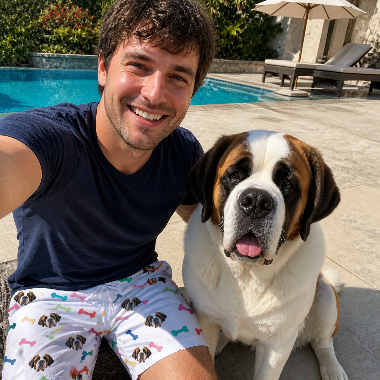 Selfie with the pet whose face is printed all over this Men's Gnawvana Grove Custom Dog Face Beach Shorts