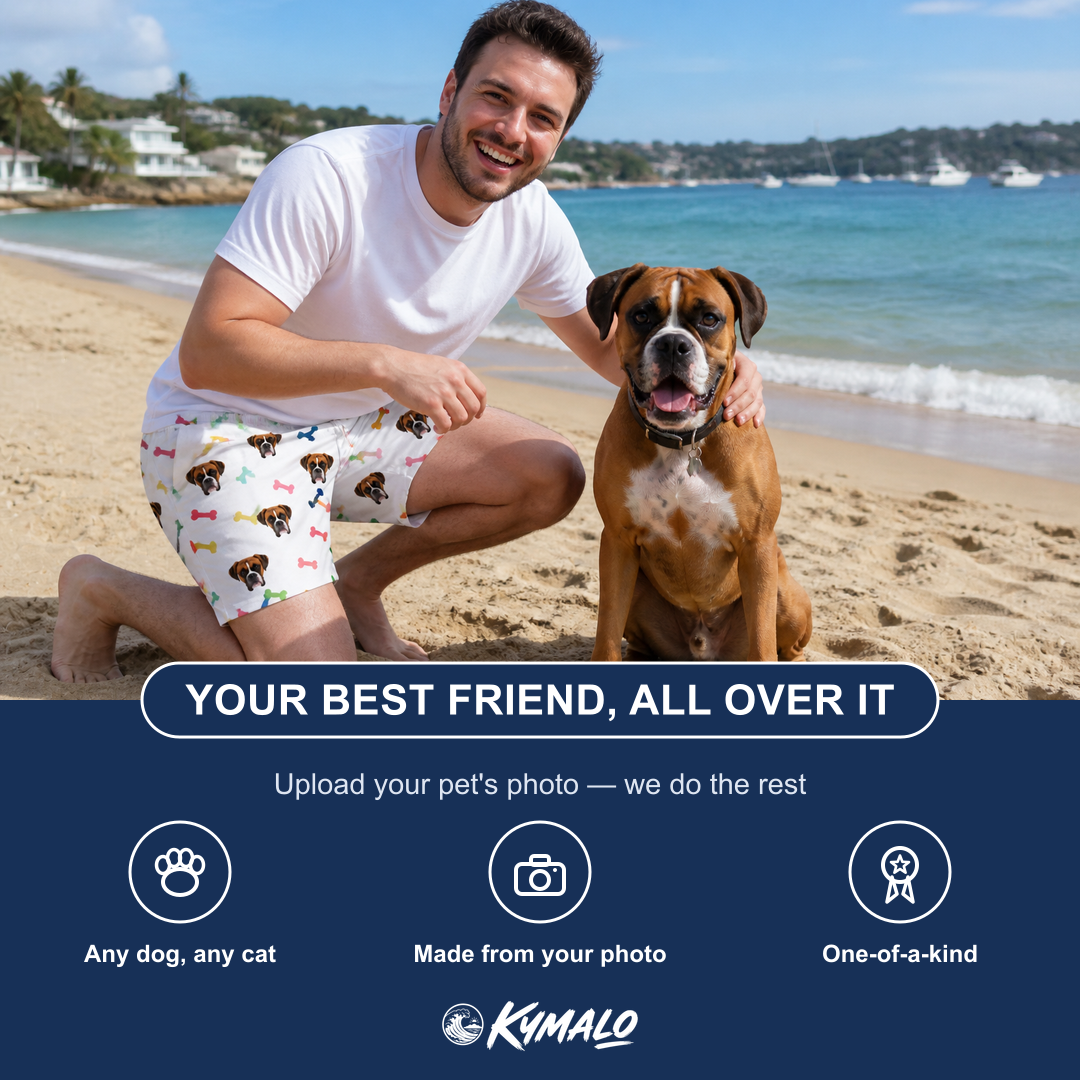 Friends in matching Men's Gnawvana Grove Custom Dog Face Beach Shorts — a group gift photo
