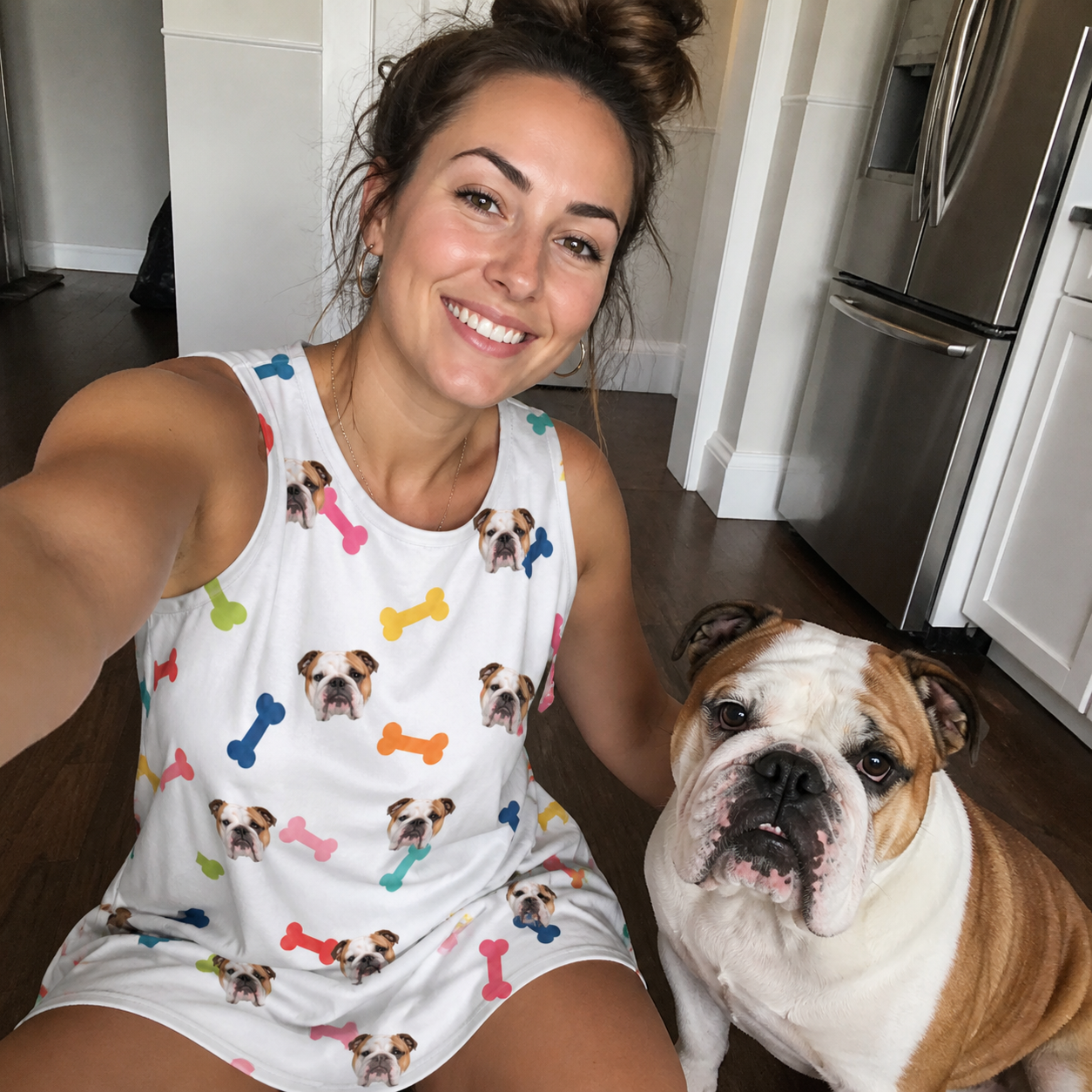 Selfie with the pet whose face is printed all over this Women's Gnawvana Grove Custom Dog Face Tank Dress