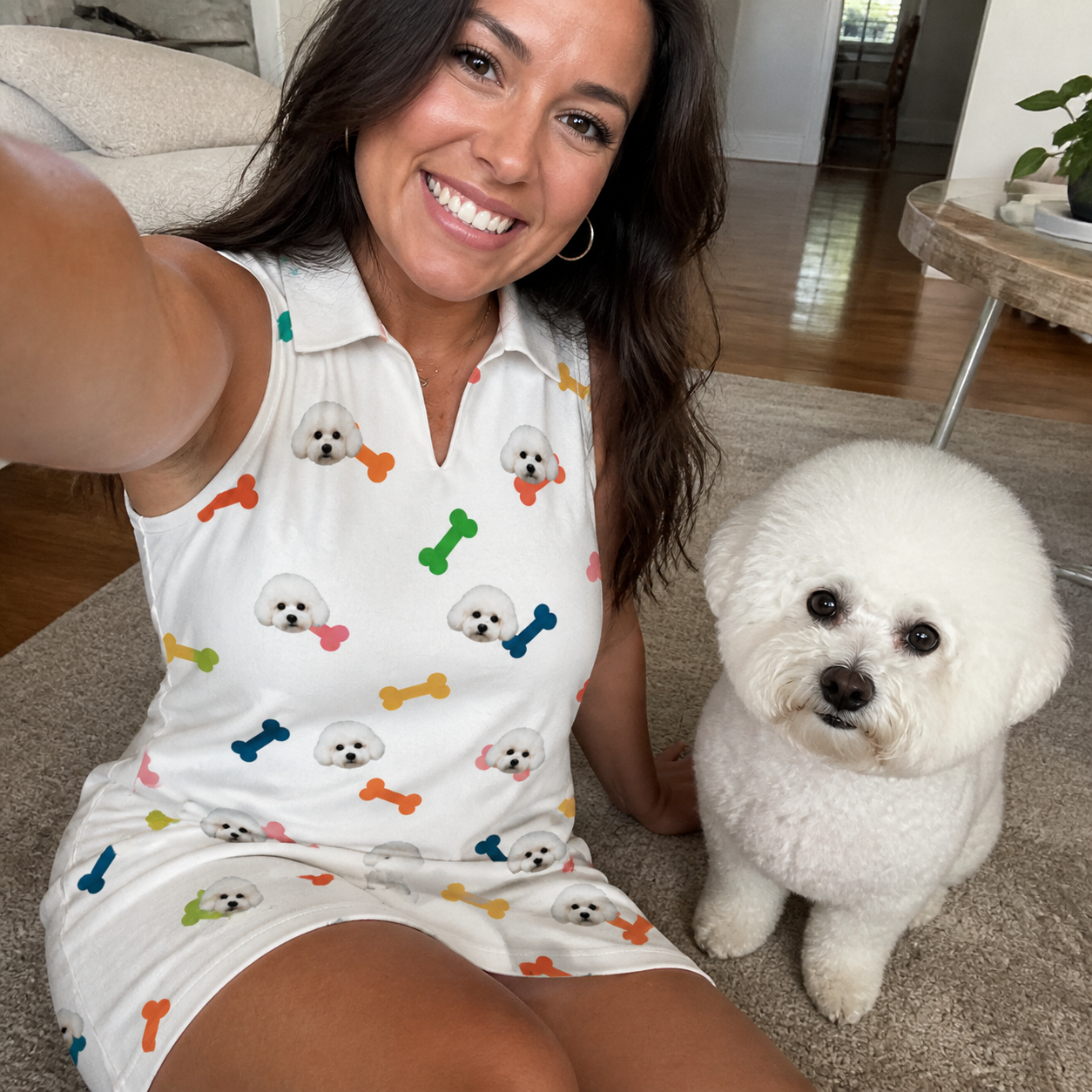 Selfie with the pet whose face is printed all over this Women's Gnawvana Grove Custom Dog Face V-Neck Dress