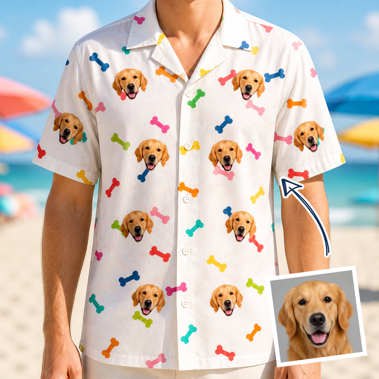 Man wearing Men's Gnawvana Grove Custom Dog Face Hawaiian Shirt — custom faces printed all-over