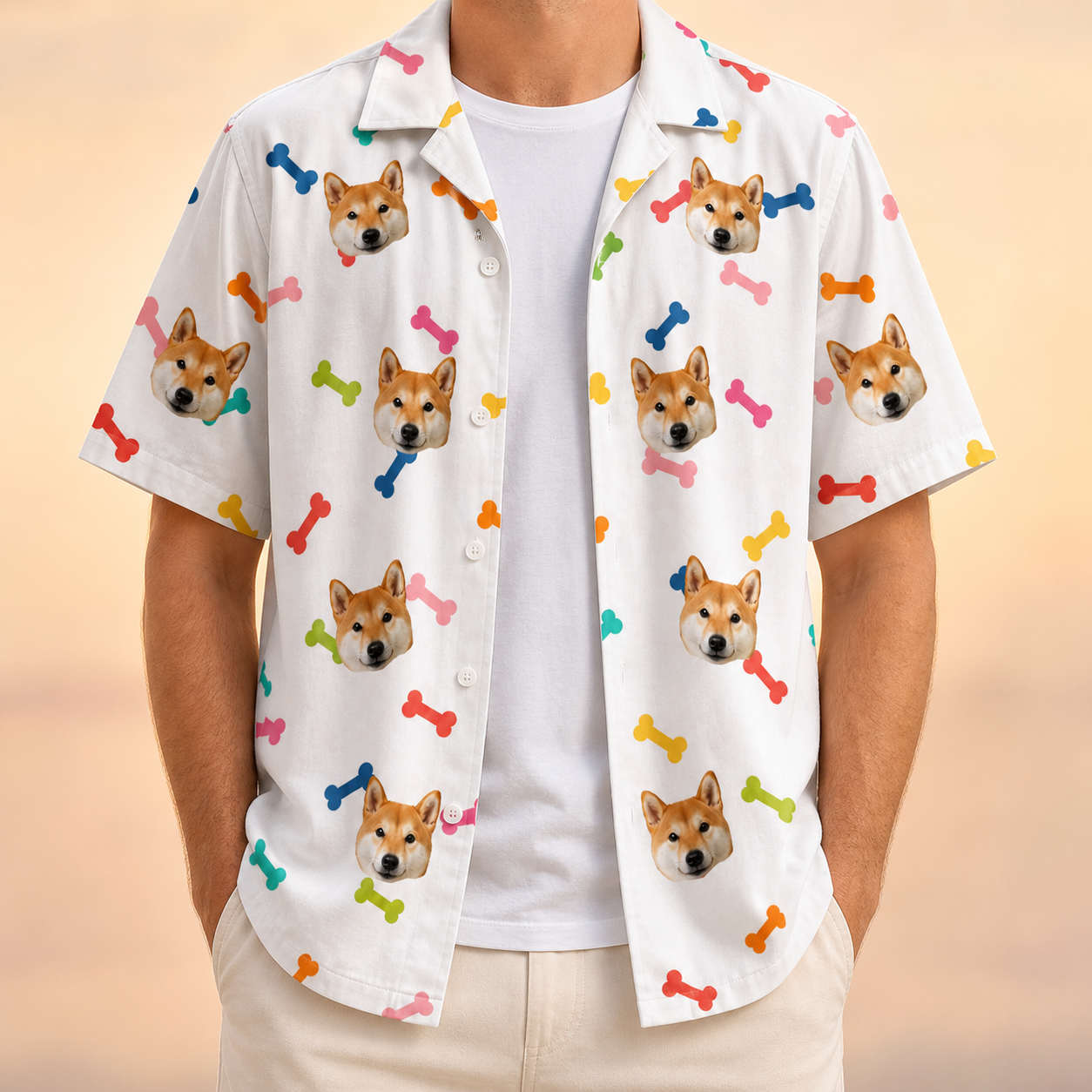 Man wearing Men's Gnawvana Grove Custom Dog Face Hawaiian Shirt open over a white tee