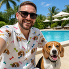 Selfie with the pet whose face is printed all over this Men's Gnawvana Grove Custom Dog Face Hawaiian Shirt