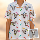 Woman wearing Women's Gnawvana Grove Custom Dog Face Hawaiian Shirt — custom faces printed all-over