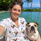 Selfie with the pet whose face is printed all over this Women's Gnawvana Grove Custom Dog Face Hawaiian Shirt