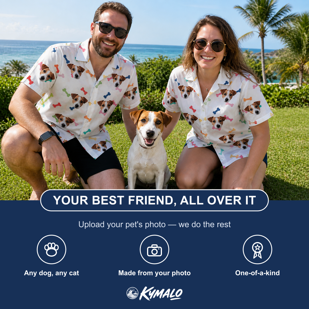 Friends in matching Women's Gnawvana Grove Custom Dog Face Hawaiian Shirt — a group gift photo