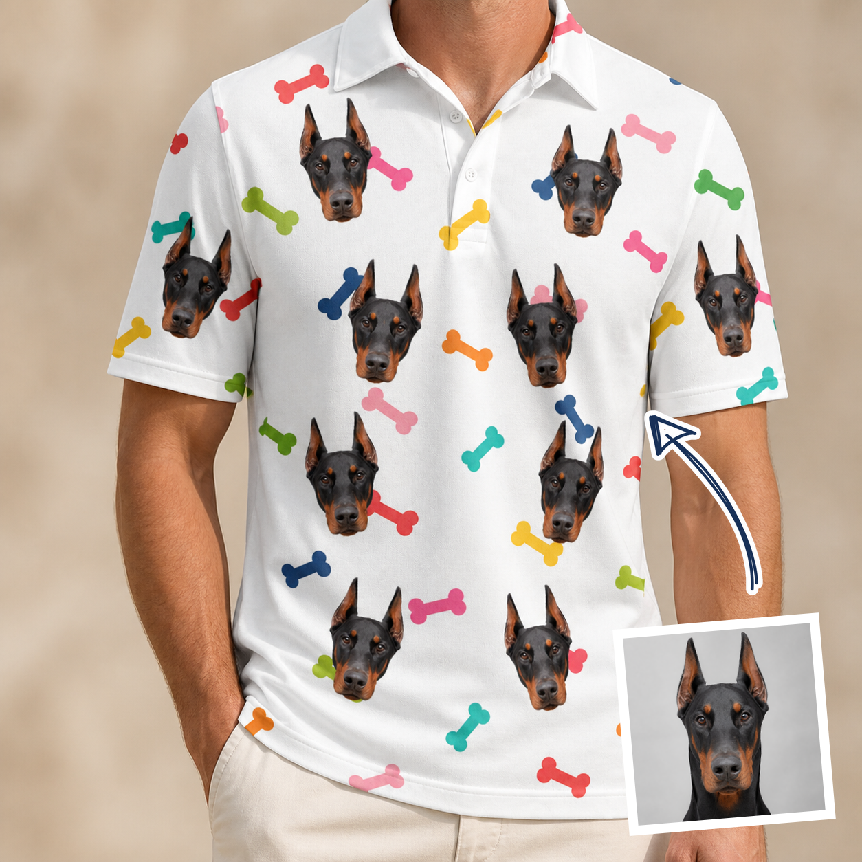 Man wearing Men's Gnawvana Grove Custom Dog Face Polo Shirt — custom faces printed all-over