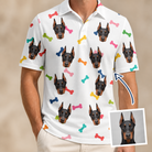 Man wearing Men's Gnawvana Grove Custom Dog Face Polo Shirt — custom faces printed all-over