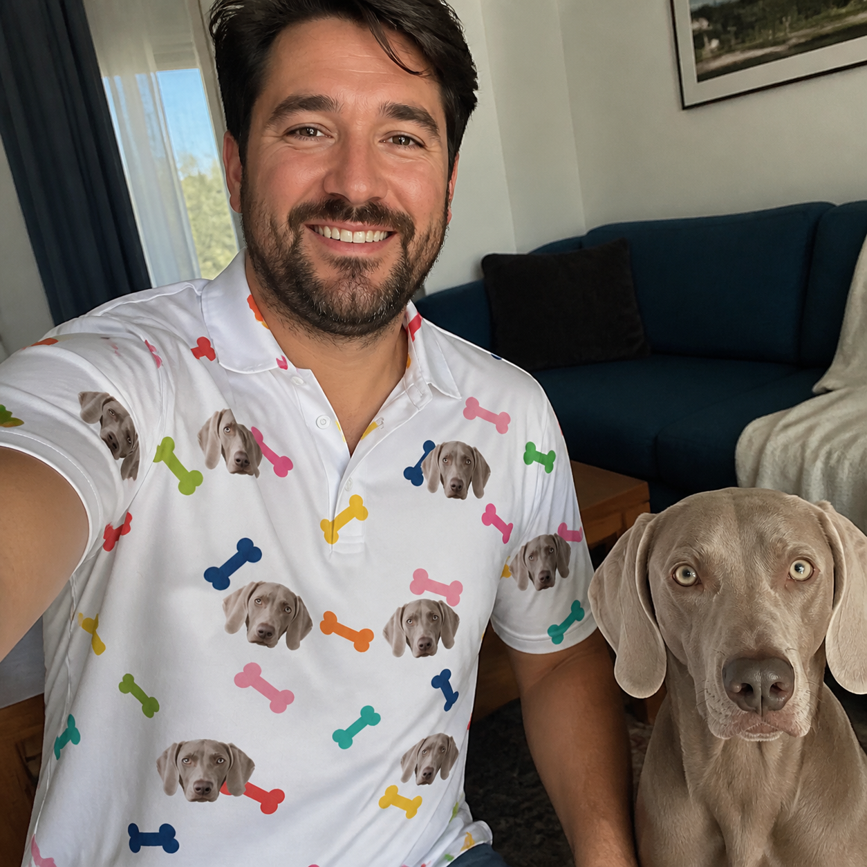 Selfie with the pet whose face is printed all over this Men's Gnawvana Grove Custom Dog Face Polo Shirt