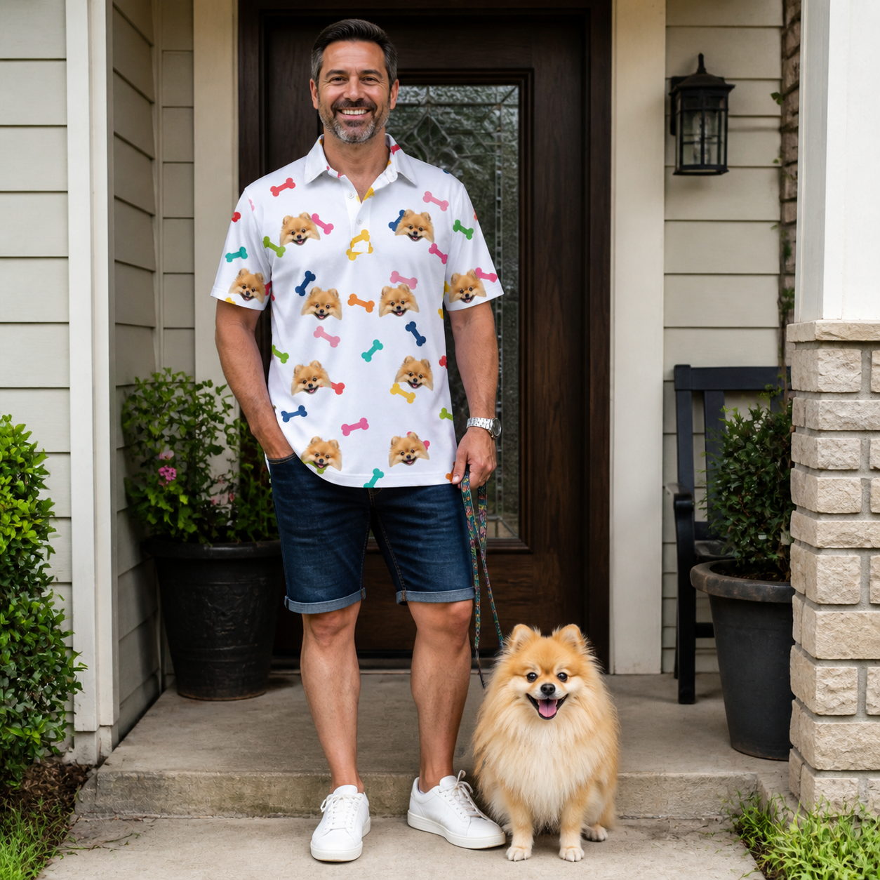 Full-length photo with the pet printed all over this Men's Gnawvana Grove Custom Dog Face Polo Shirt