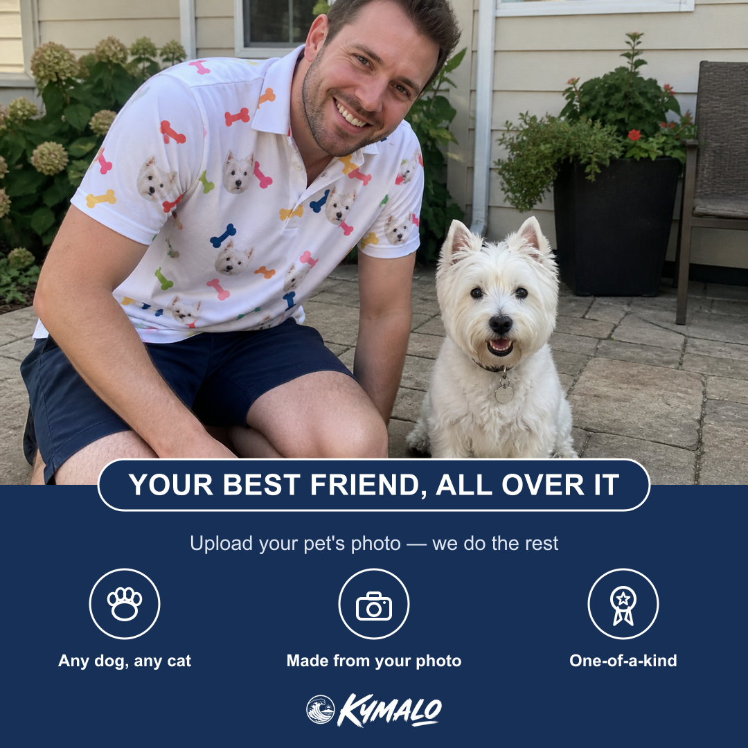 Friends in matching Men's Gnawvana Grove Custom Dog Face Polo Shirt — a group gift photo