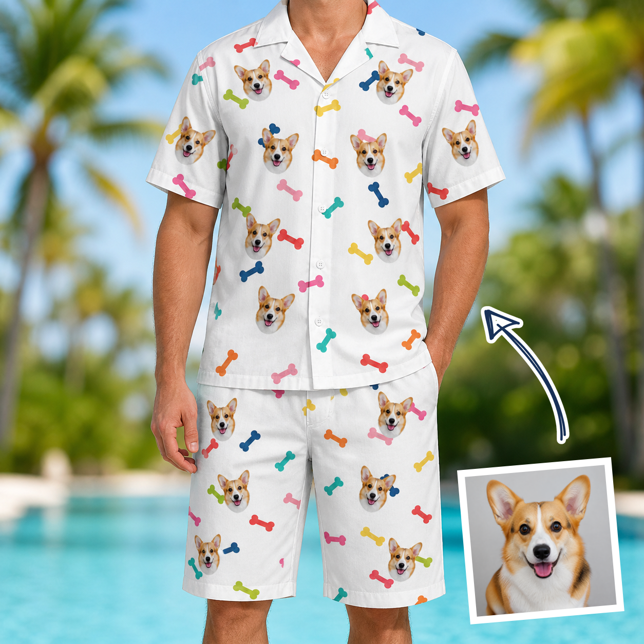 Man wearing Men's Gnawvana Grove Custom Dog Face Shirt & Shorts Set — custom faces printed all-over