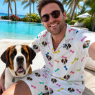 Selfie with the pet whose face is printed all over this Men's Gnawvana Grove Custom Dog Face Shirt & Shorts Set