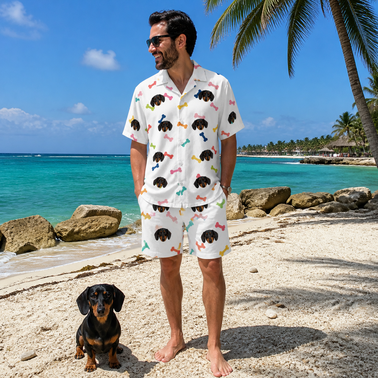 Full-length photo with the pet printed all over this Men's Gnawvana Grove Custom Dog Face Shirt & Shorts Set