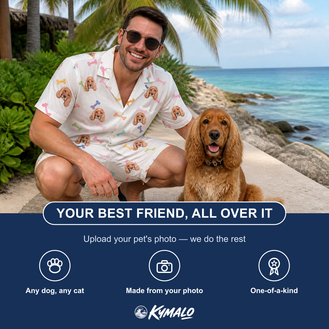 Friends in matching Men's Gnawvana Grove Custom Dog Face Shirt & Shorts Set — a group gift photo