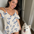 Selfie with the pet whose face is printed all over this Women's Leash Lineup Custom Dog Face Off-Shoulder Dress