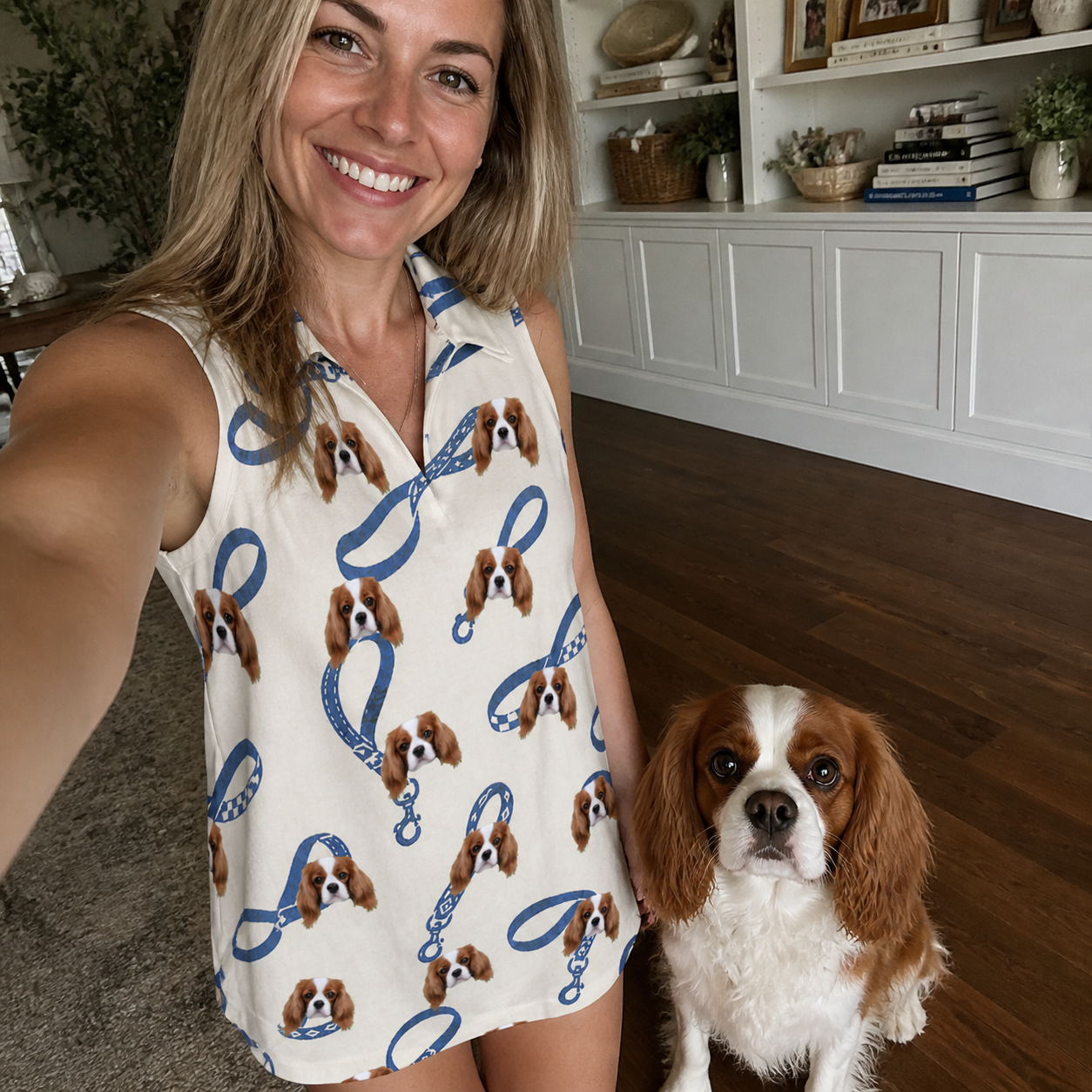 Selfie with the pet whose face is printed all over this Women's Leash Lineup Custom Dog Face V-Neck Dress