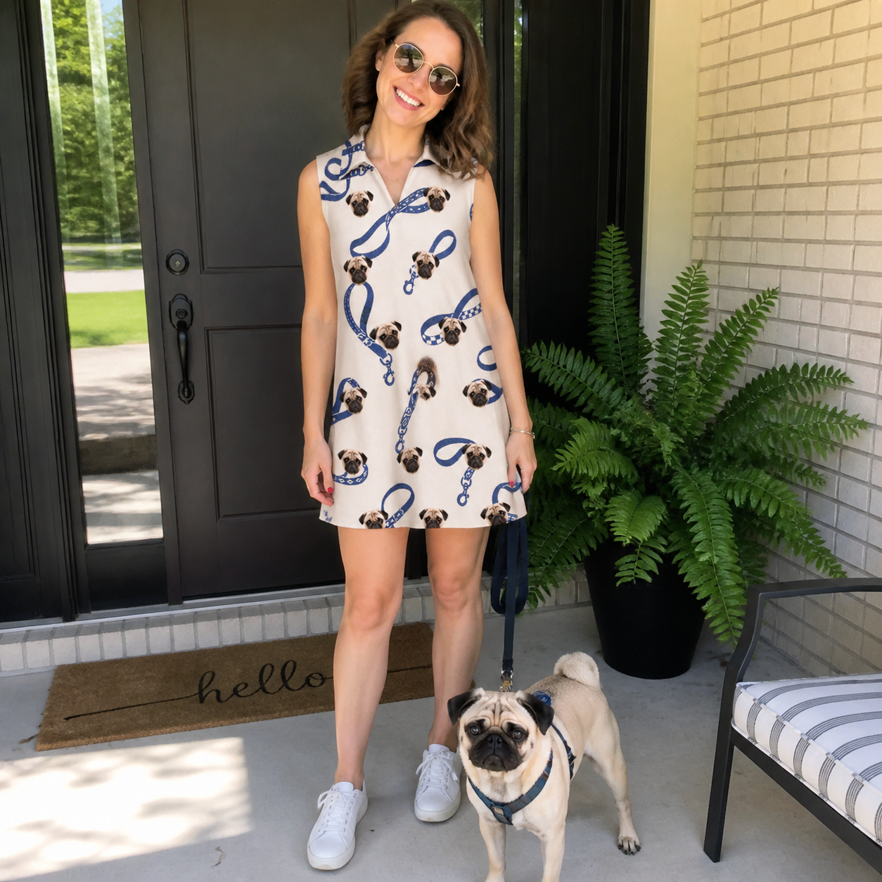 Full-length photo with the pet printed all over this Women's Leash Lineup Custom Dog Face V-Neck Dress