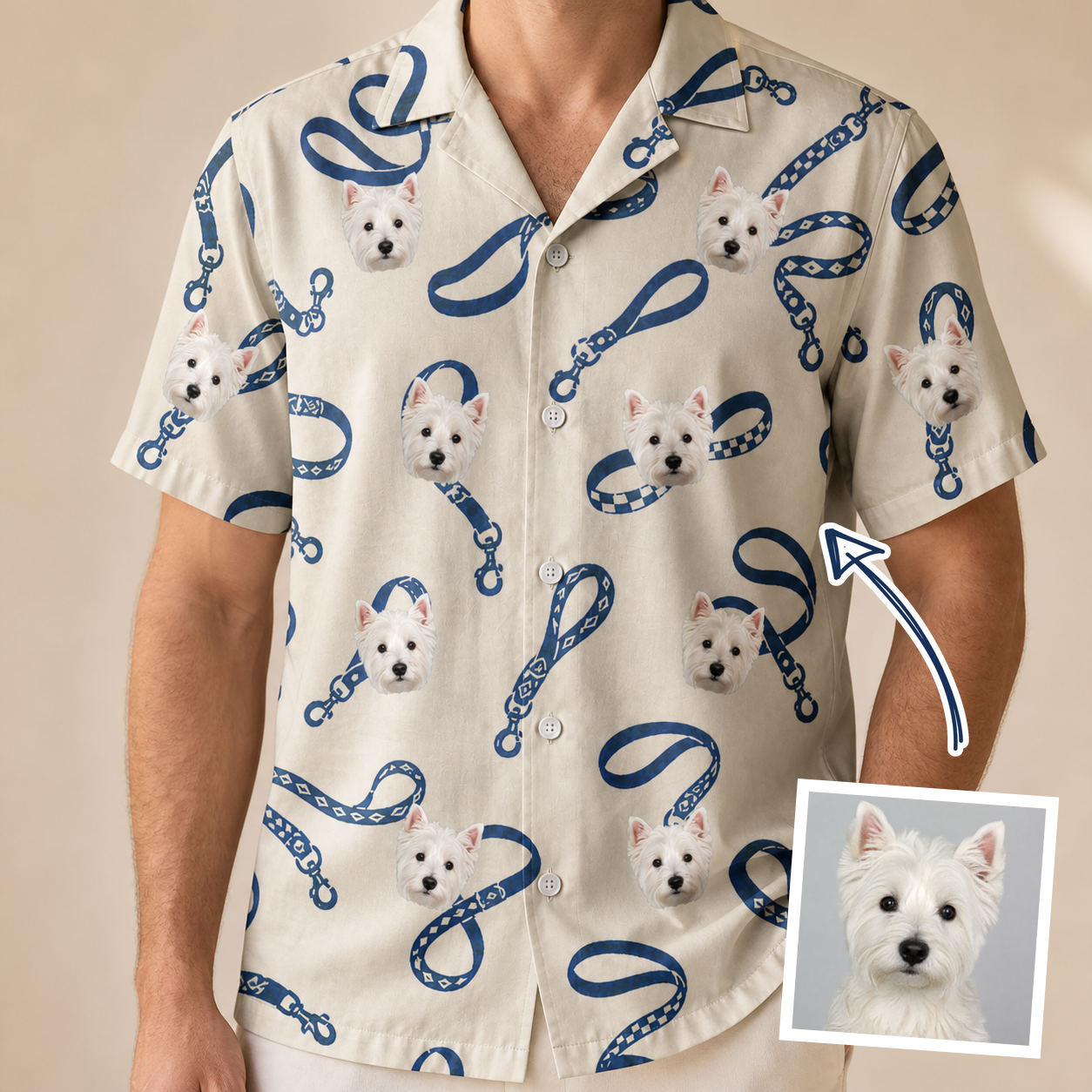 Man wearing Men's Leash Lineup Custom Dog Face Hawaiian Shirt — custom faces printed all-over