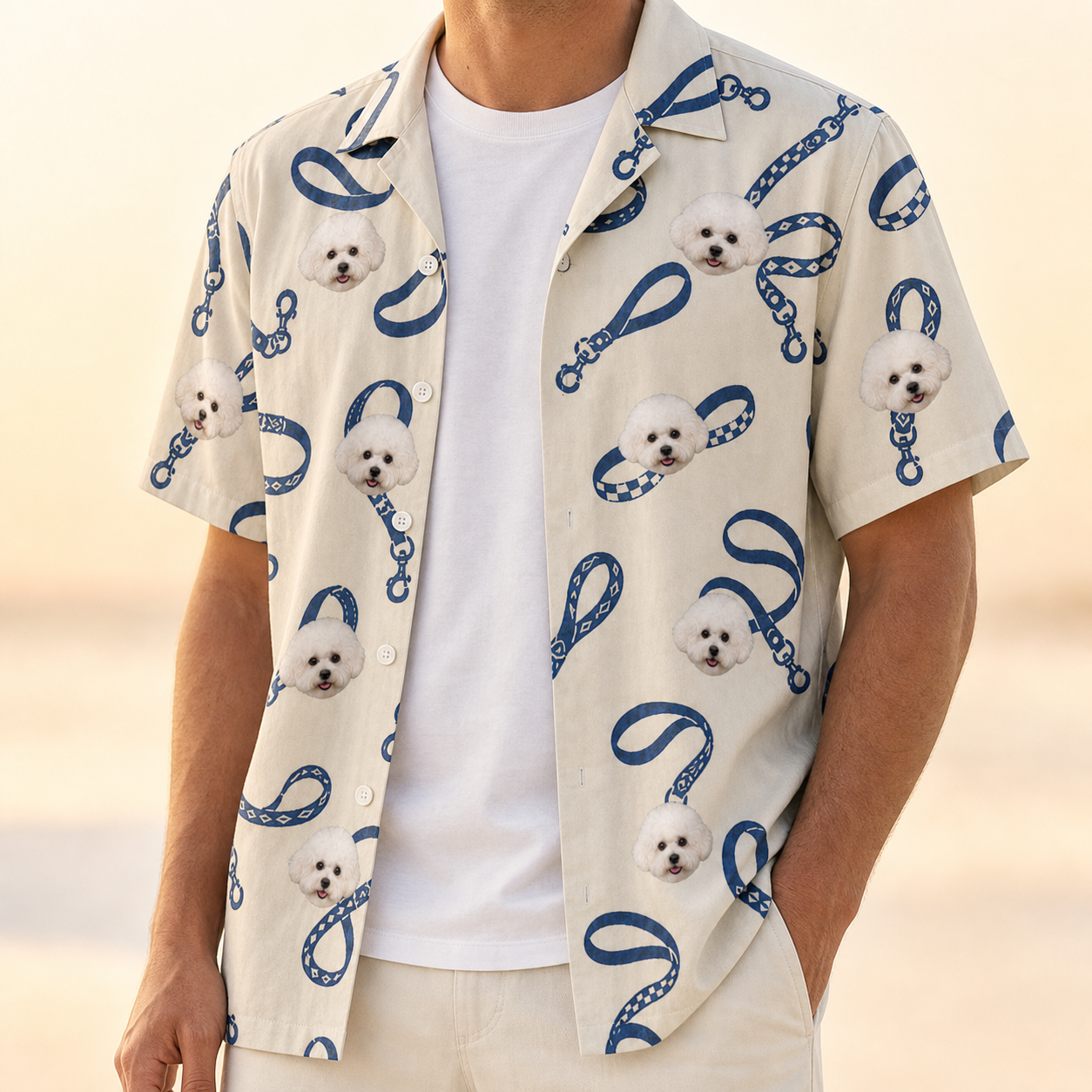 Man wearing Men's Leash Lineup Custom Dog Face Hawaiian Shirt open over a white tee