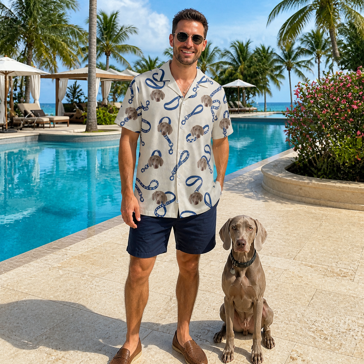 Full-length photo with the pet printed all over this Men's Leash Lineup Custom Dog Face Hawaiian Shirt