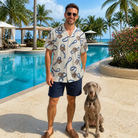 Full-length photo with the pet printed all over this Men's Leash Lineup Custom Dog Face Hawaiian Shirt