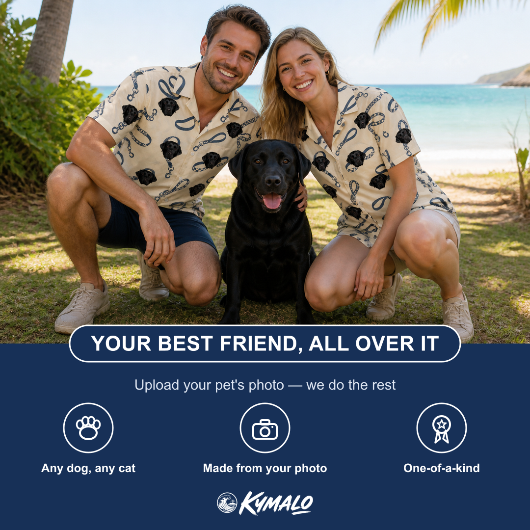 Friends in matching Men's Leash Lineup Custom Dog Face Hawaiian Shirt — a group gift photo