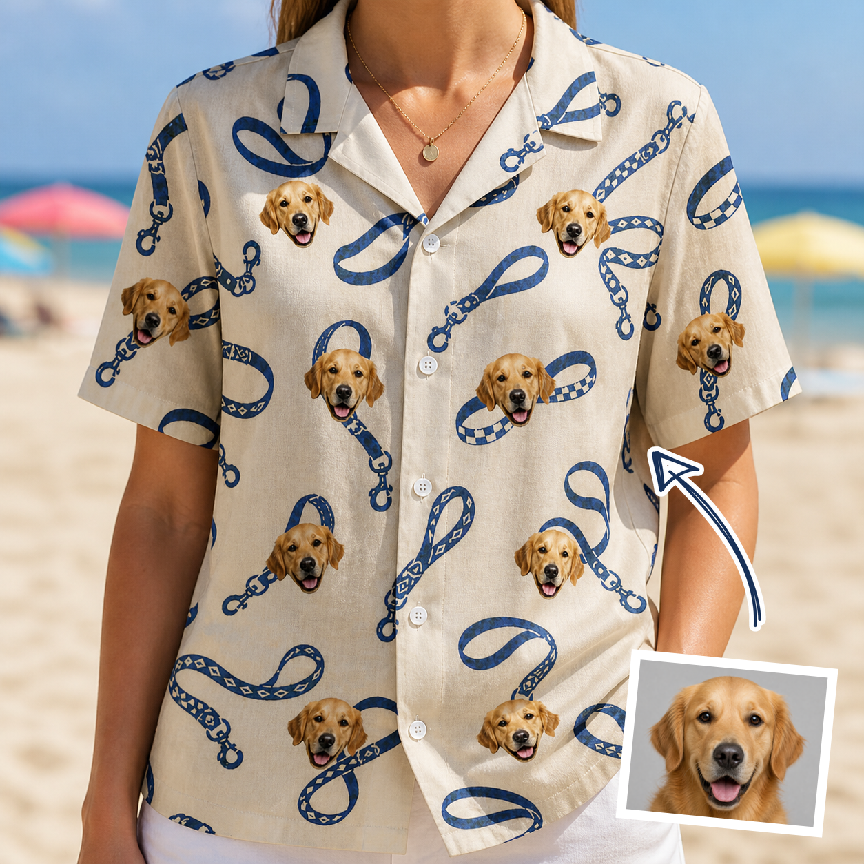 Woman wearing Women's Leash Lineup Custom Dog Face Hawaiian Shirt — custom faces printed all-over