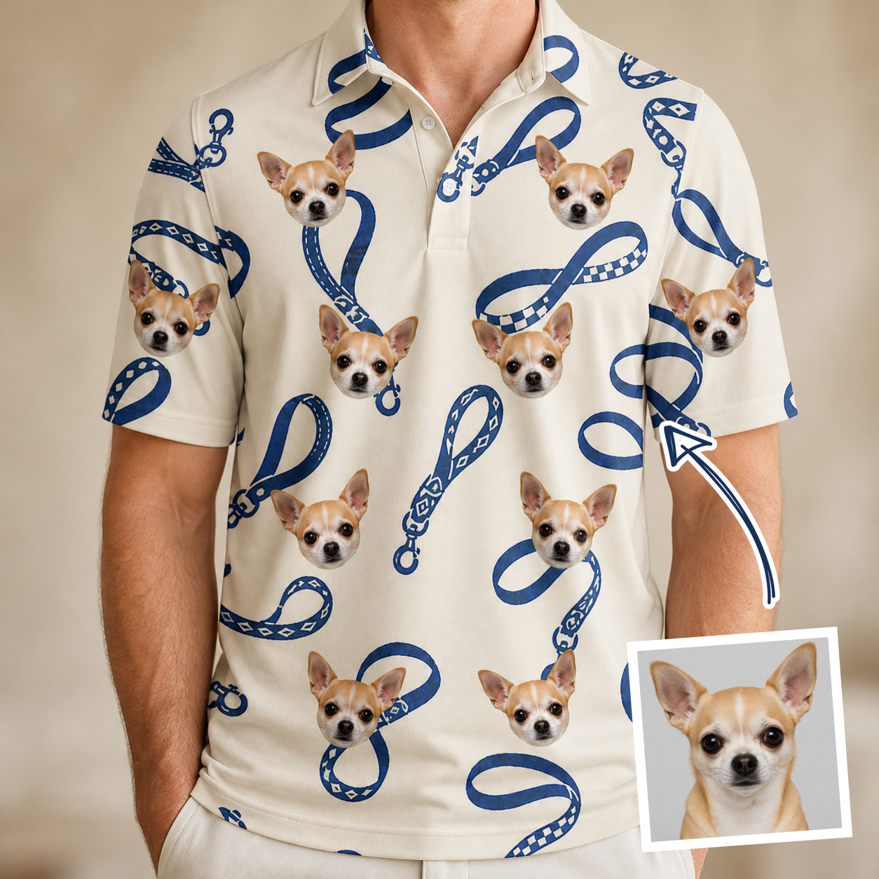 Man wearing Men's Leash Lineup Custom Dog Face Polo Shirt — custom faces printed all-over
