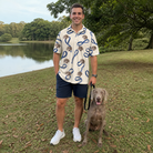 Full-length photo with the pet printed all over this Men's Leash Lineup Custom Dog Face Polo Shirt