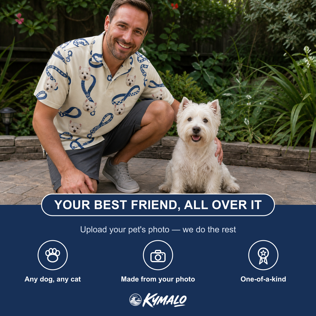 Friends in matching Men's Leash Lineup Custom Dog Face Polo Shirt — a group gift photo