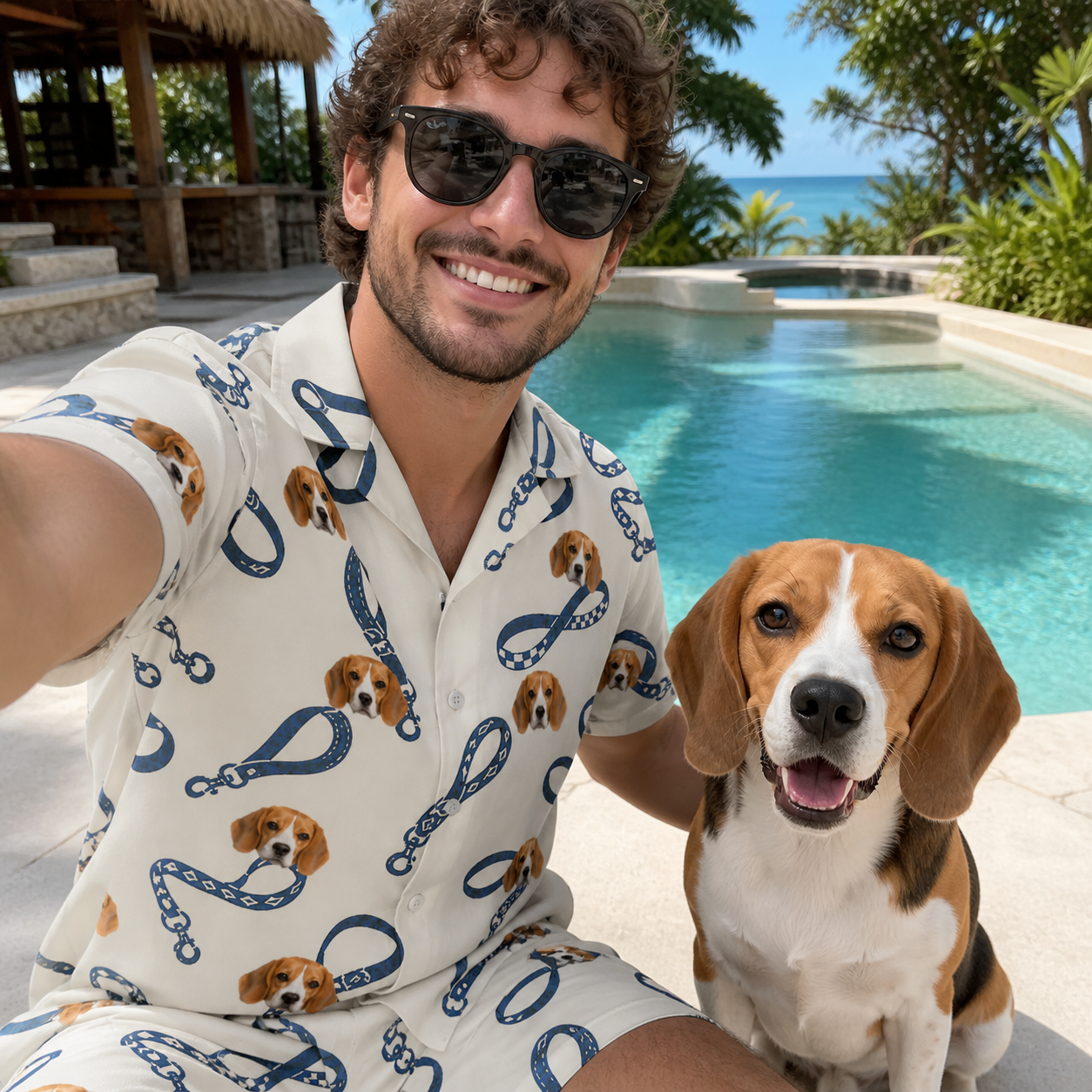 Selfie with the pet whose face is printed all over this Men's Leash Lineup Custom Dog Face Shirt & Shorts Set