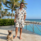 Full-length photo with the pet printed all over this Men's Leash Lineup Custom Dog Face Shirt & Shorts Set