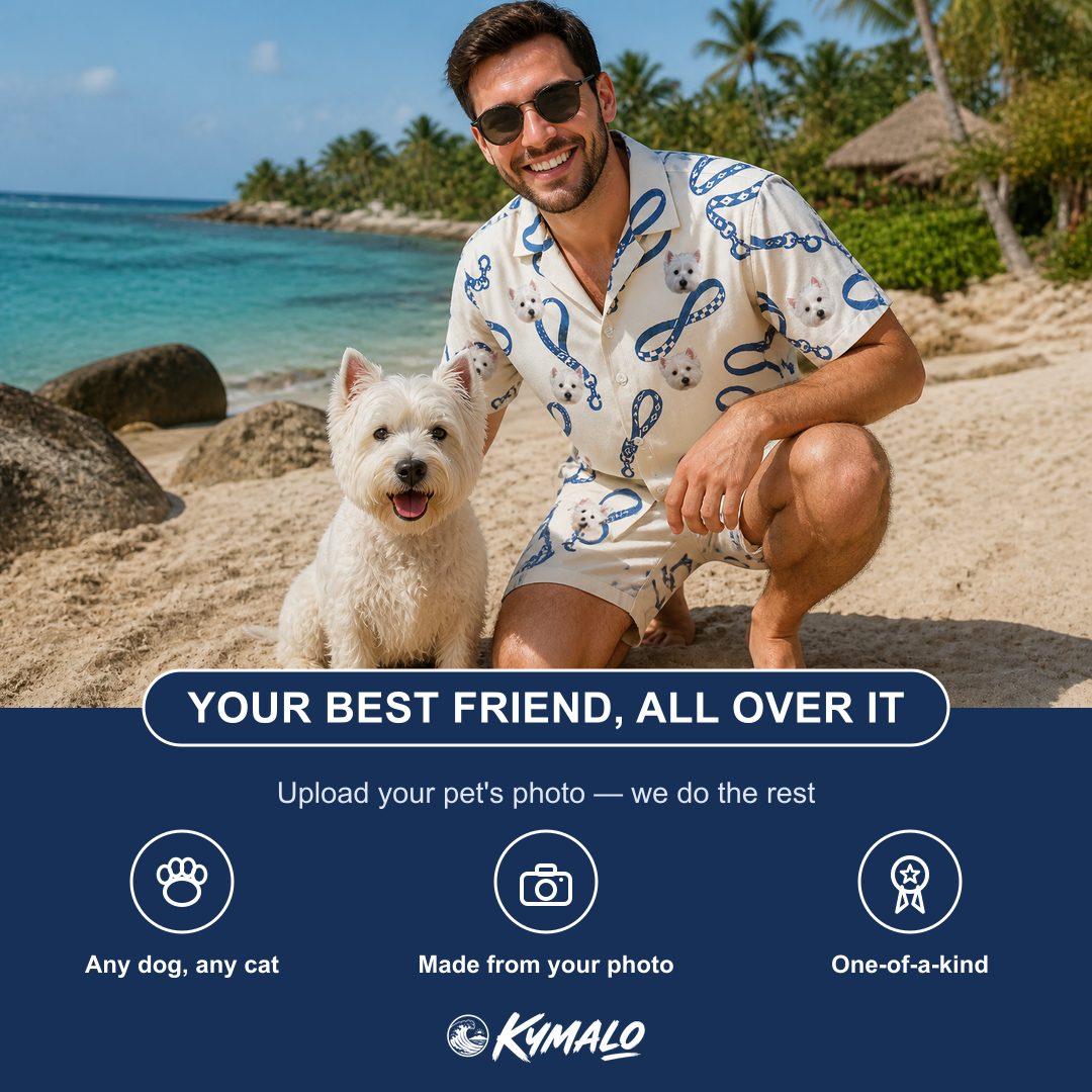 Friends in matching Men's Leash Lineup Custom Dog Face Shirt & Shorts Set — a group gift photo