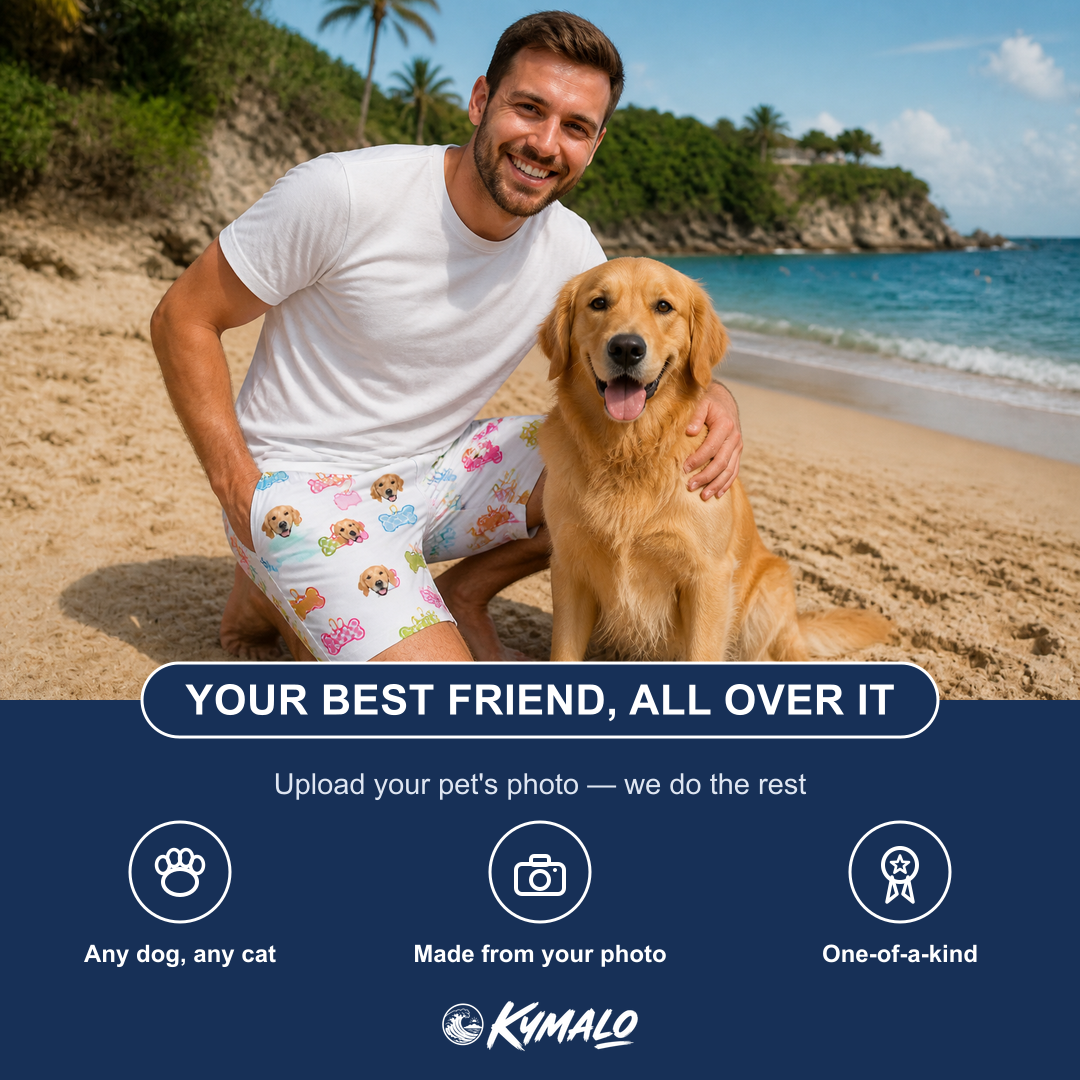 Friends in matching Men's Tag Wag Custom Dog Face Beach Shorts — a group gift photo