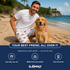 Friends in matching Men's Tag Wag Custom Dog Face Beach Shorts — a group gift photo