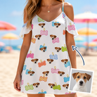 Woman wearing Women's Tag Wag Custom Dog Face Off-Shoulder Dress — custom faces printed all-over