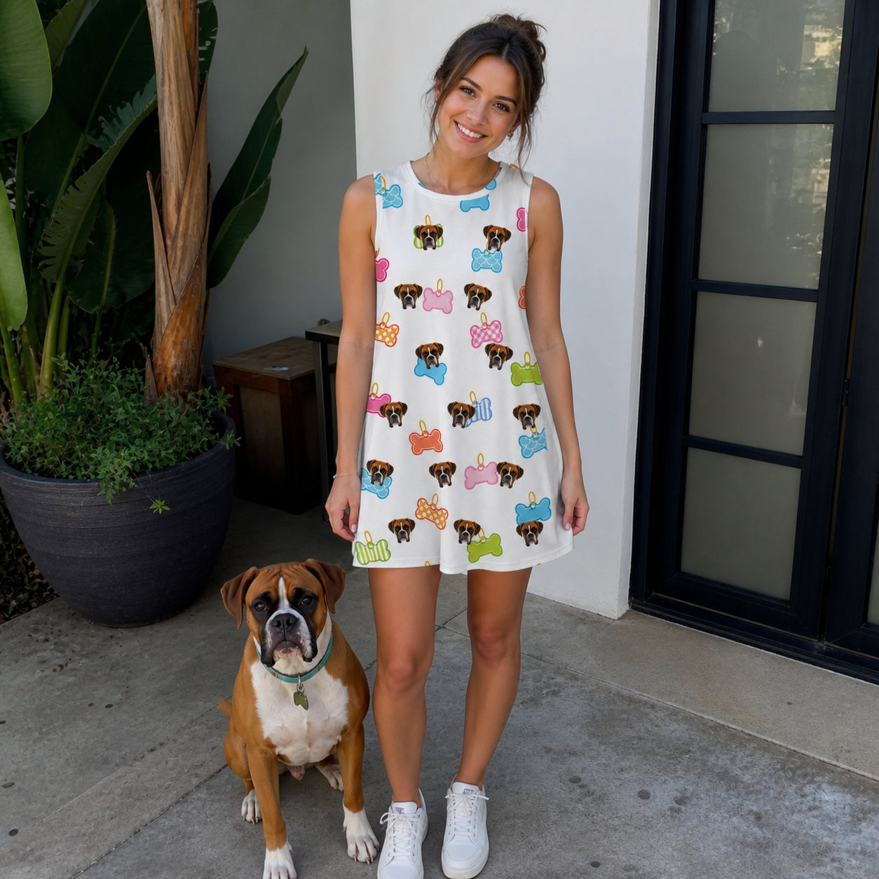 Full-length photo with the pet printed all over this Women's Tag Wag Custom Dog Face Tank Dress