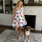 Full-length photo with the pet printed all over this Women's Tag Wag Custom Dog Face V-Neck Dress