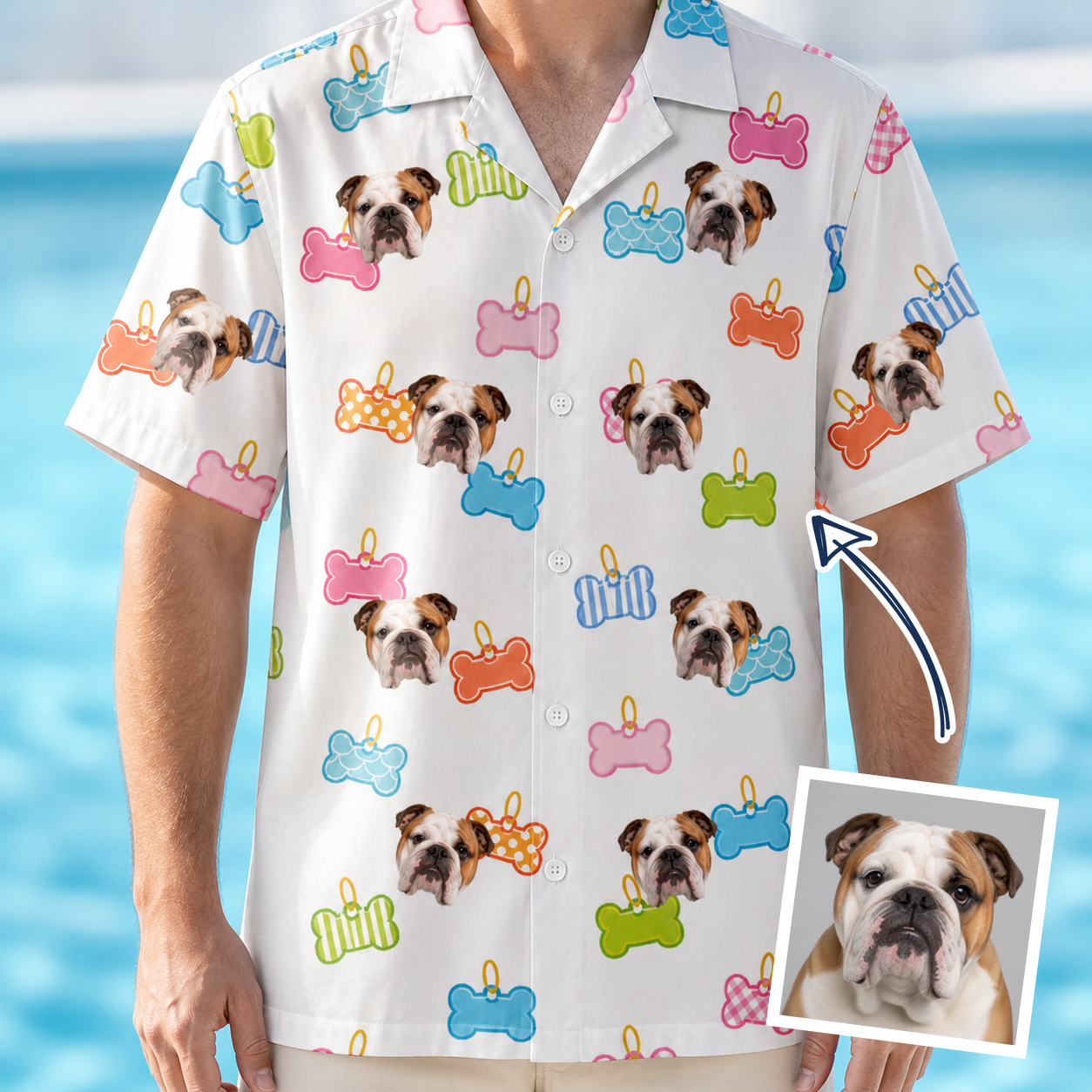 Man wearing Men's Tag Wag Custom Dog Face Hawaiian Shirt — custom faces printed all-over