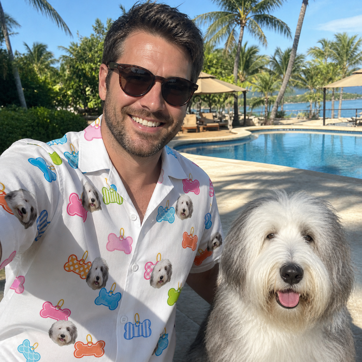 Selfie with the pet whose face is printed all over this Men's Tag Wag Custom Dog Face Hawaiian Shirt