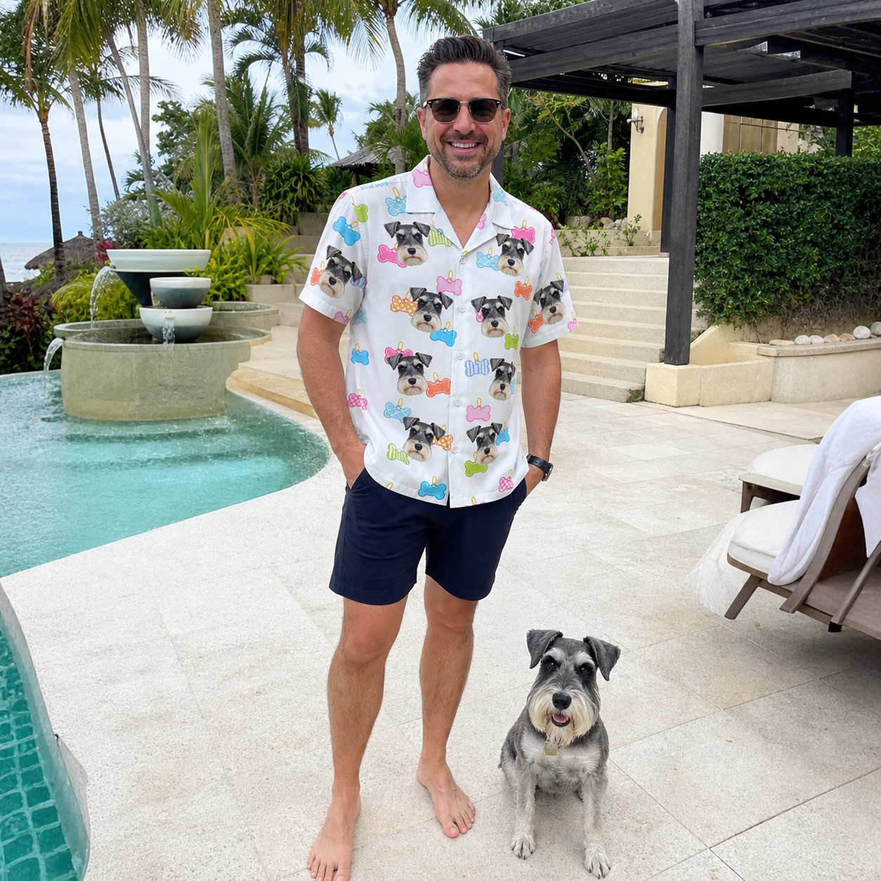 Full-length photo with the pet printed all over this Men's Tag Wag Custom Dog Face Hawaiian Shirt