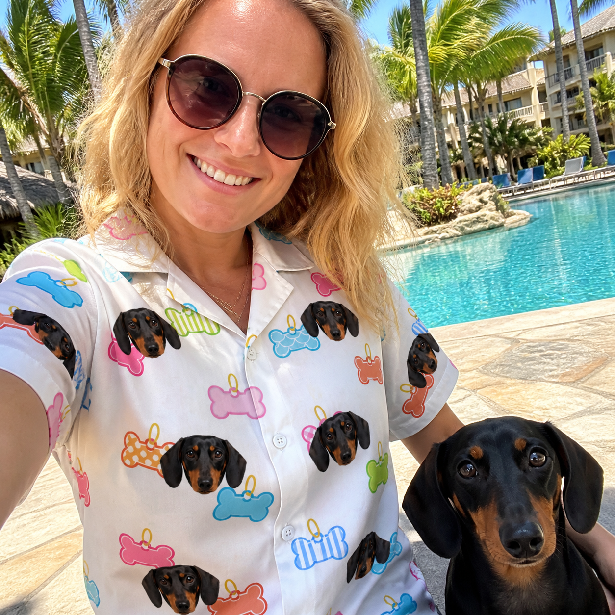 Selfie with the pet whose face is printed all over this Women's Tag Wag Custom Dog Face Hawaiian Shirt